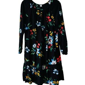 Old Navy Black Floral Like New Tie-Neck Dress with Red, Blue & Yellow Flowers M